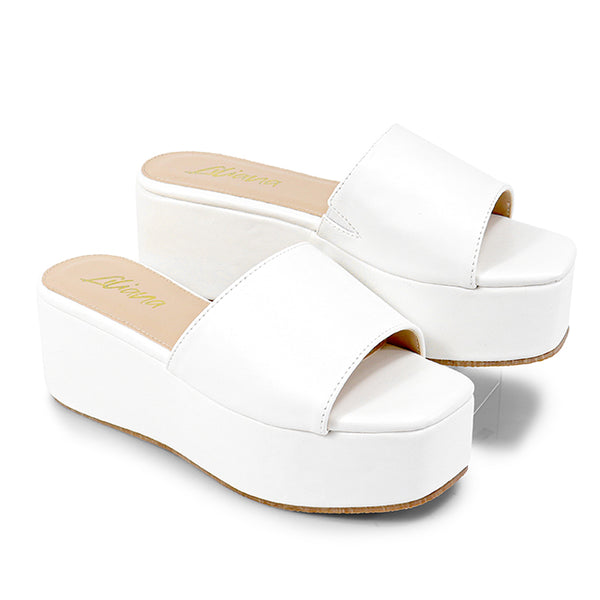 ROOKIE-16 White Faux Leather Platform Slide Sandal