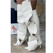 BUMBLE-01 White Faux Leather Knee High Slouch Boots with Draped Front Panel