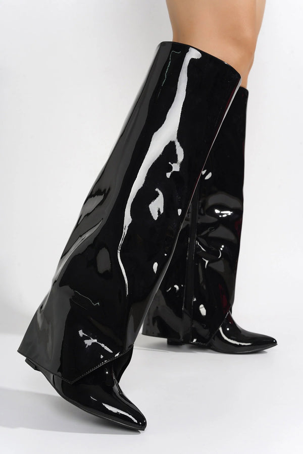 RESARA Black Faux Patent Leather Sleeve Boot - Pointy Toe